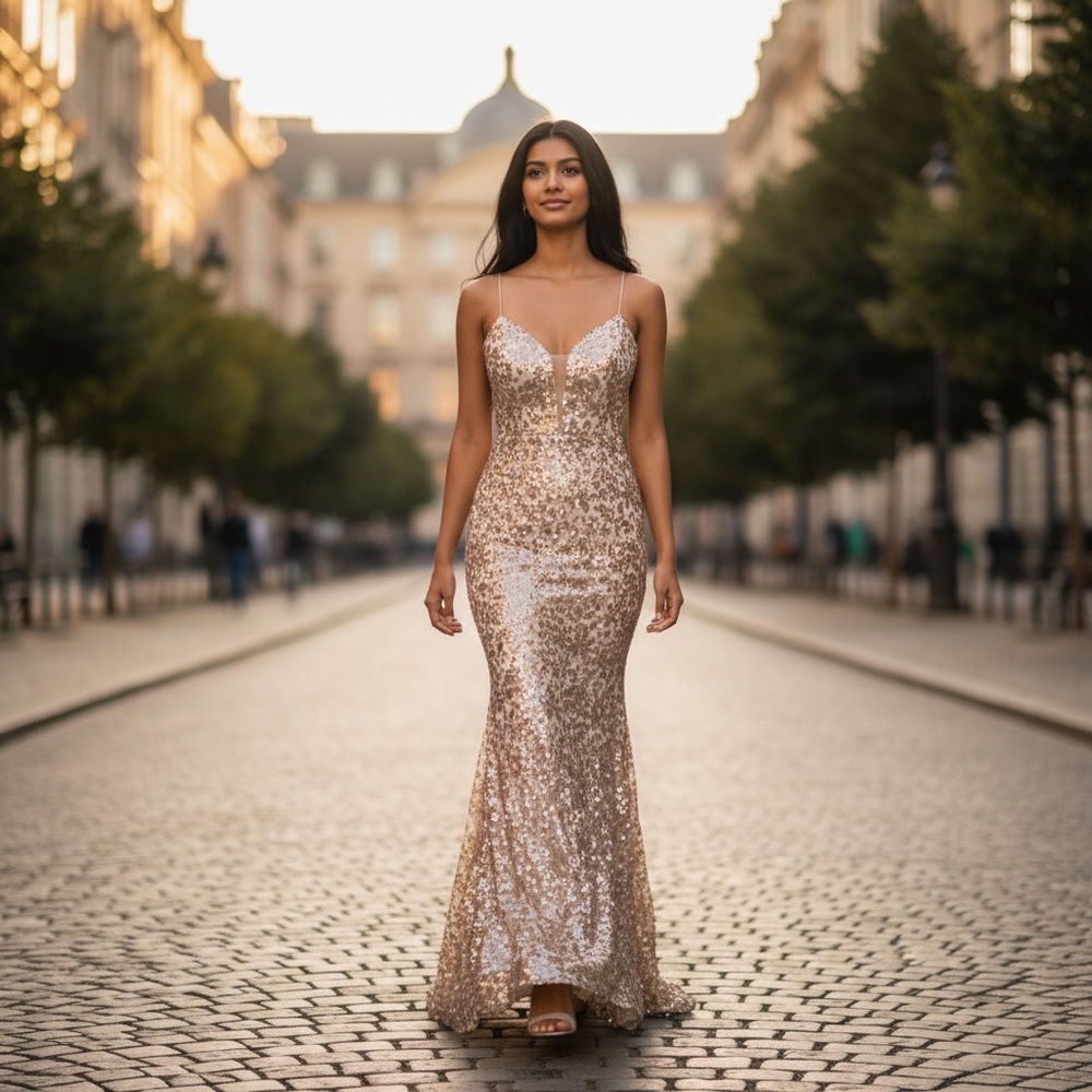 City Triangle Dress Gown Rose Gold Sequins Backless Maxi Prom Evening Gown